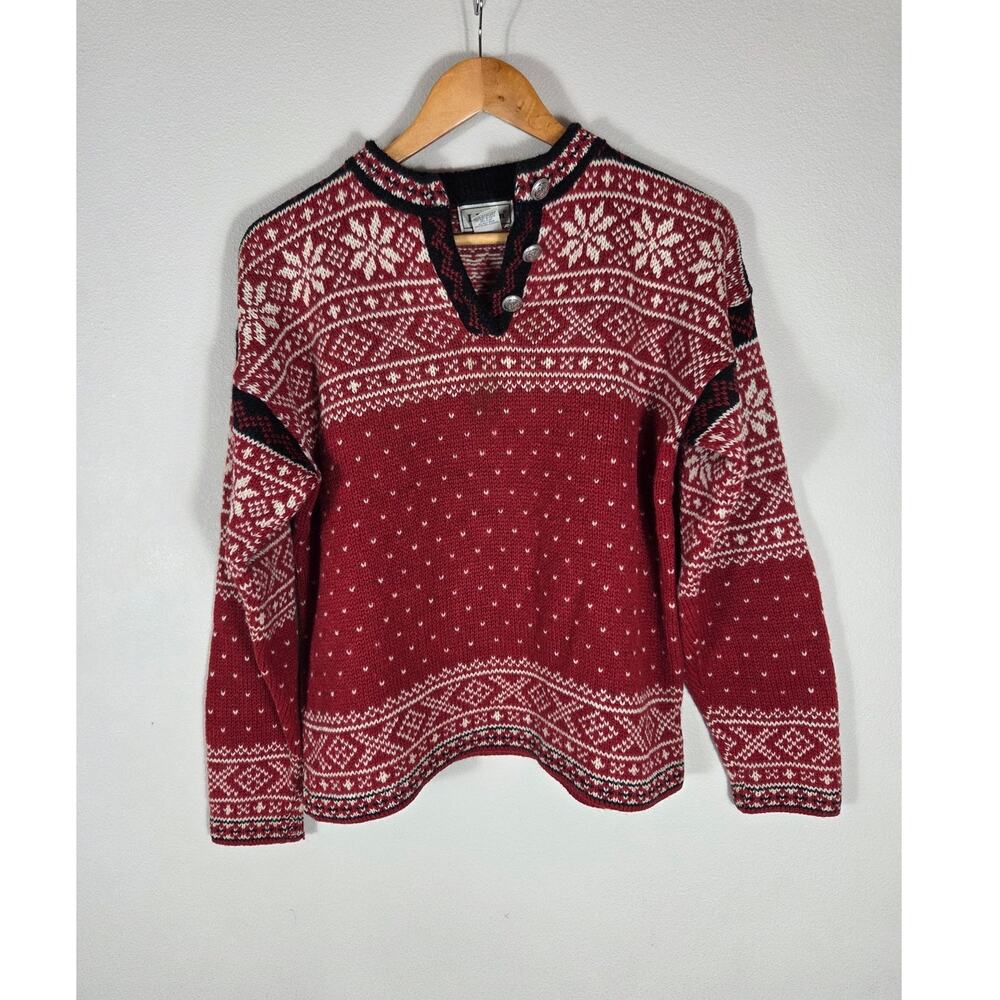 L.L. Bean Woman's Red & Cream Fair Isle Henley Wool Sweater Size Small